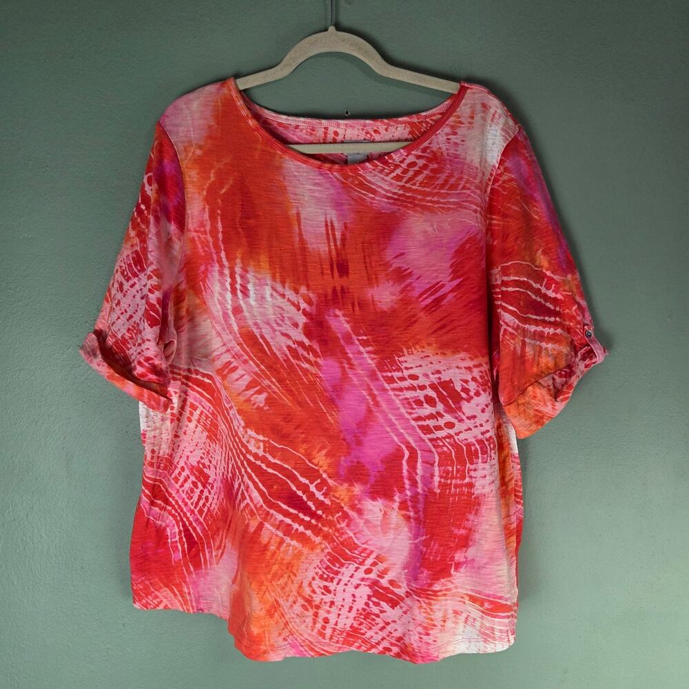 Chicos Womens Cotton Slub Elbow Sleeve Tie Dyed Shirt Knit Top Size 4 Vibrant